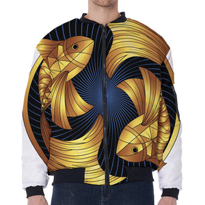 Golden Pisces Zodiac Sign Print Zip Sleeve Bomber Jacket