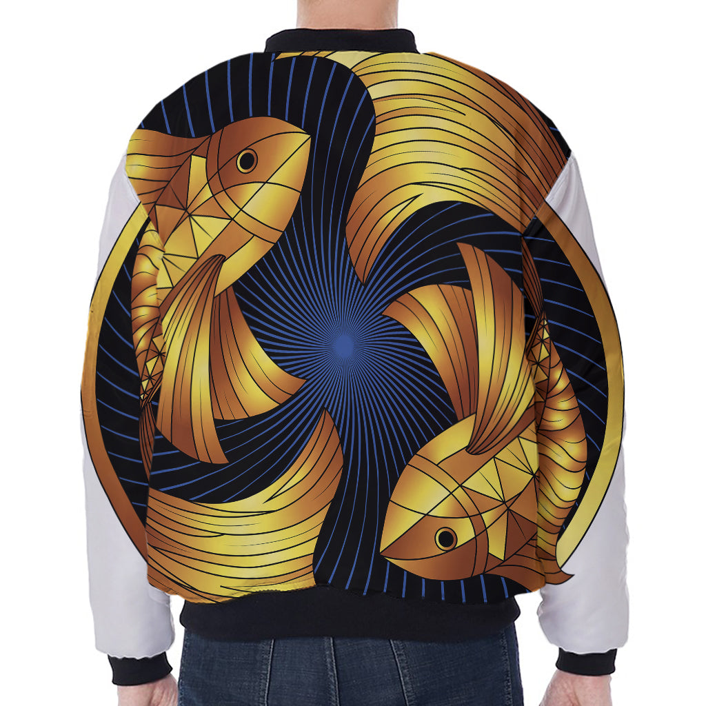 Golden Pisces Zodiac Sign Print Zip Sleeve Bomber Jacket