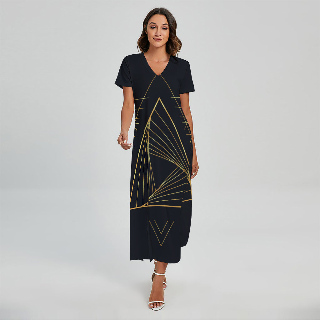 Golden Pyramid Print Short Sleeve Maxi Dress