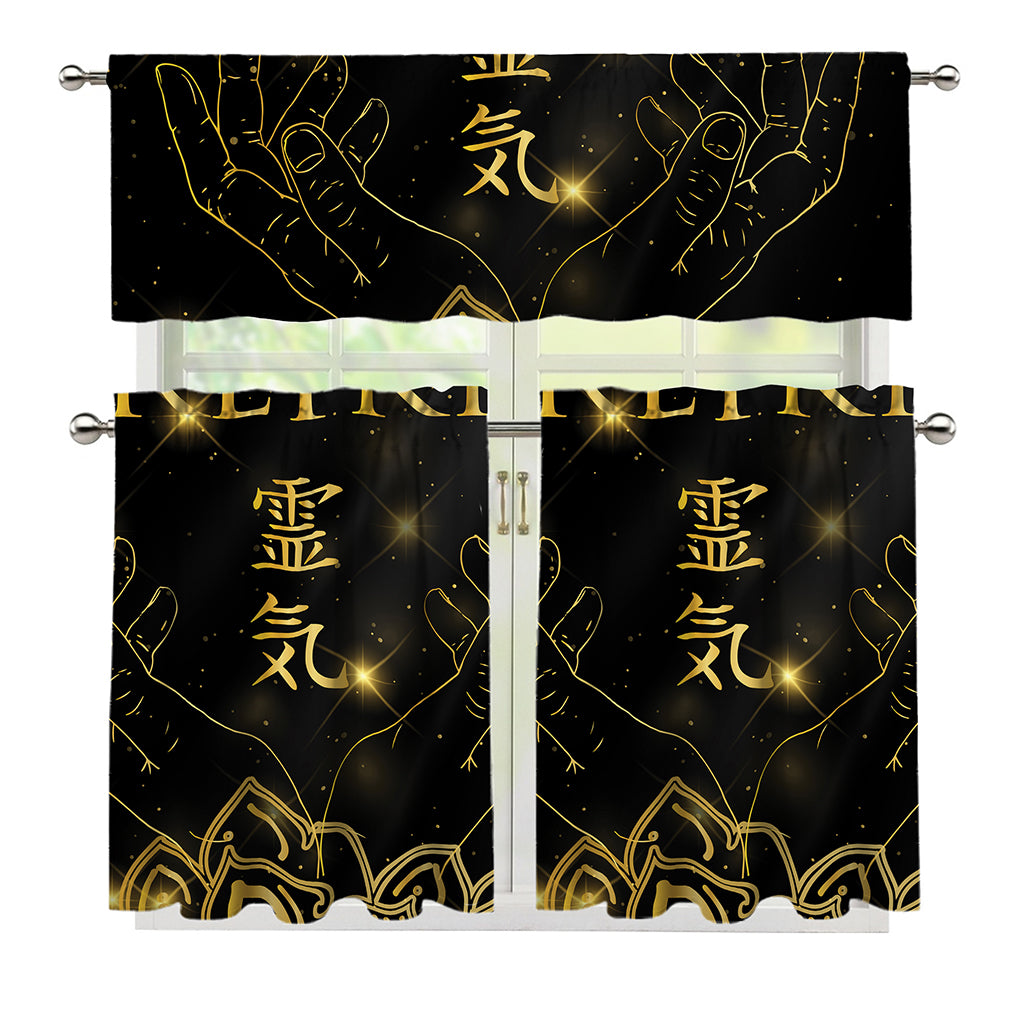 Golden Reiki Print 3 Piece Kitchen Curtains