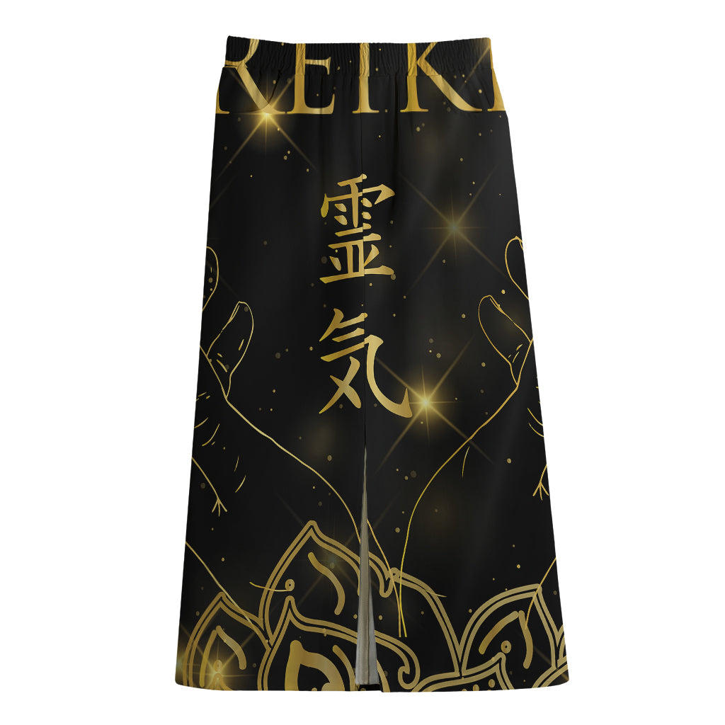 Golden Reiki Print Cotton Front Slit Maxi Skirt