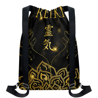 Golden Reiki Print Drawstring Backpack