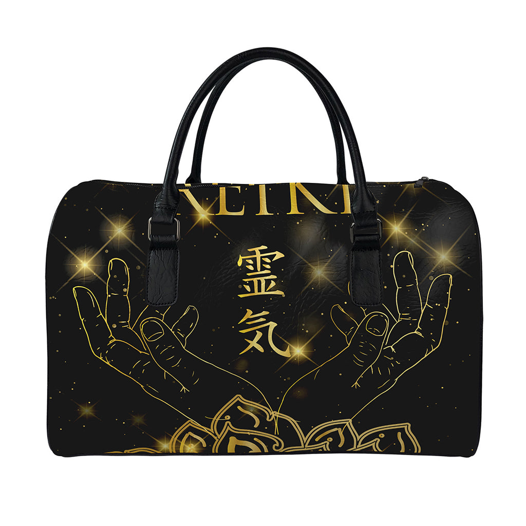 Golden Reiki Print Leather Duffle Bag