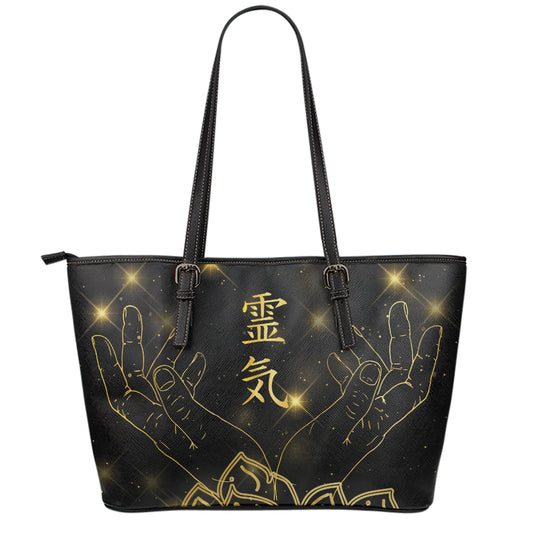 Golden Reiki Print Leather Tote Bag