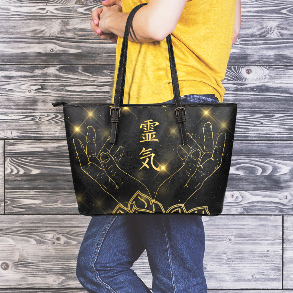 Golden Reiki Print Leather Tote Bag