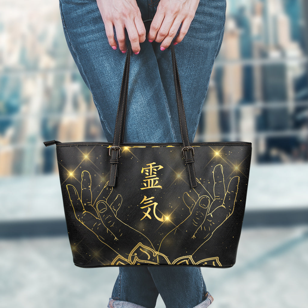 Golden Reiki Print Leather Tote Bag
