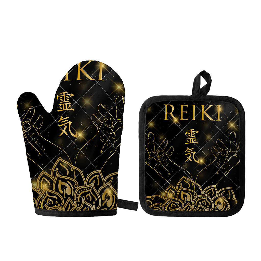 Golden Reiki Print Oven Mitt And Pot Holder Set