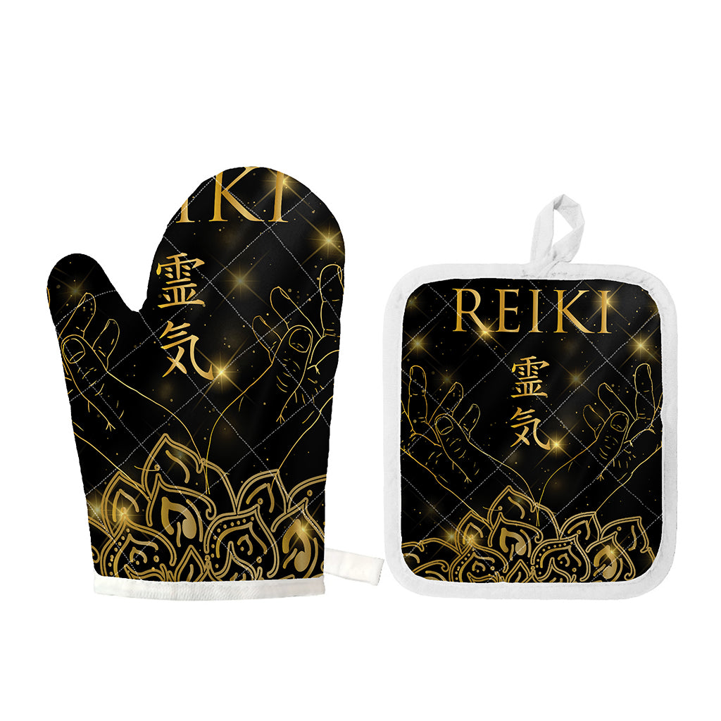 Golden Reiki Print Oven Mitt And Pot Holder Set