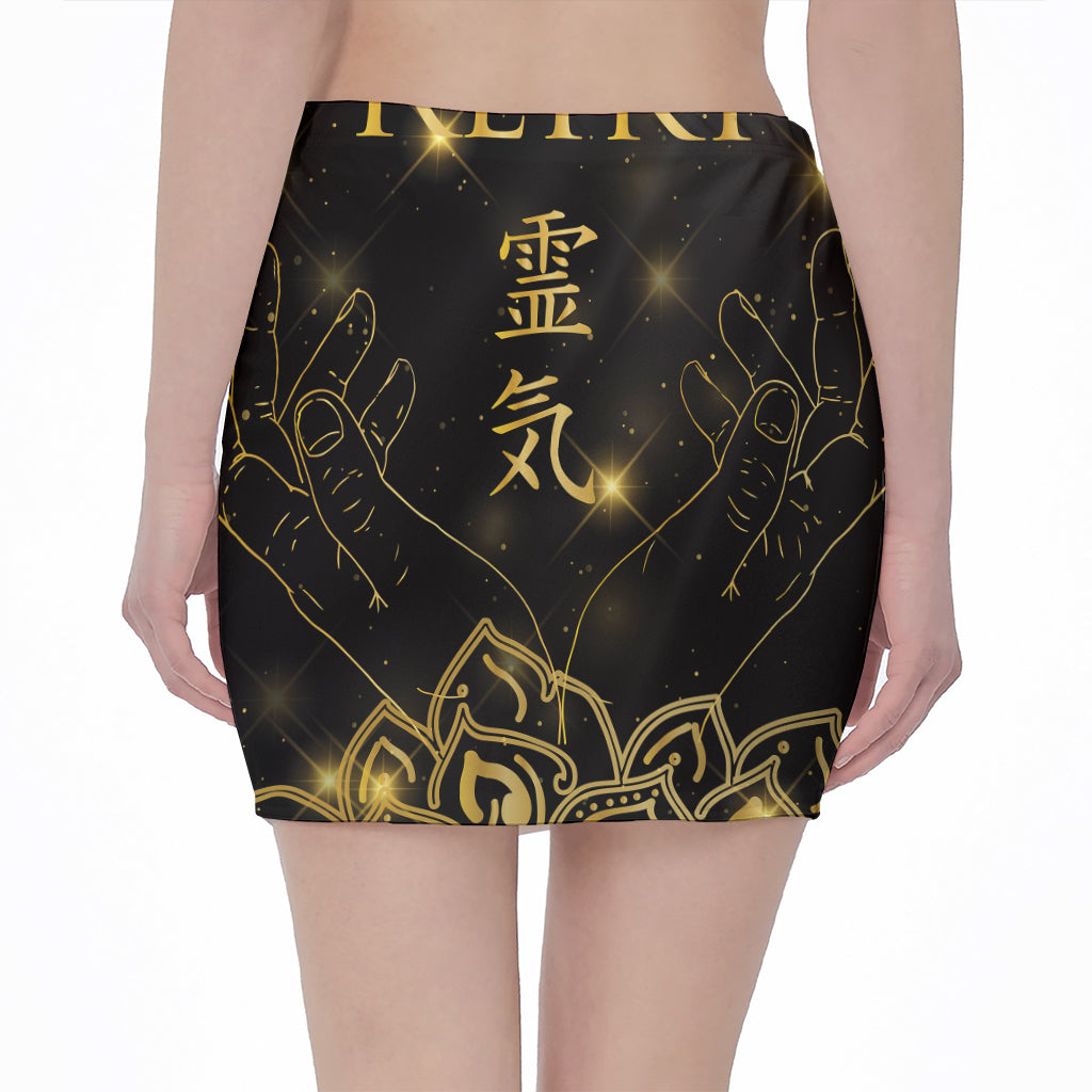 Golden Reiki Print Pencil Mini Skirt
