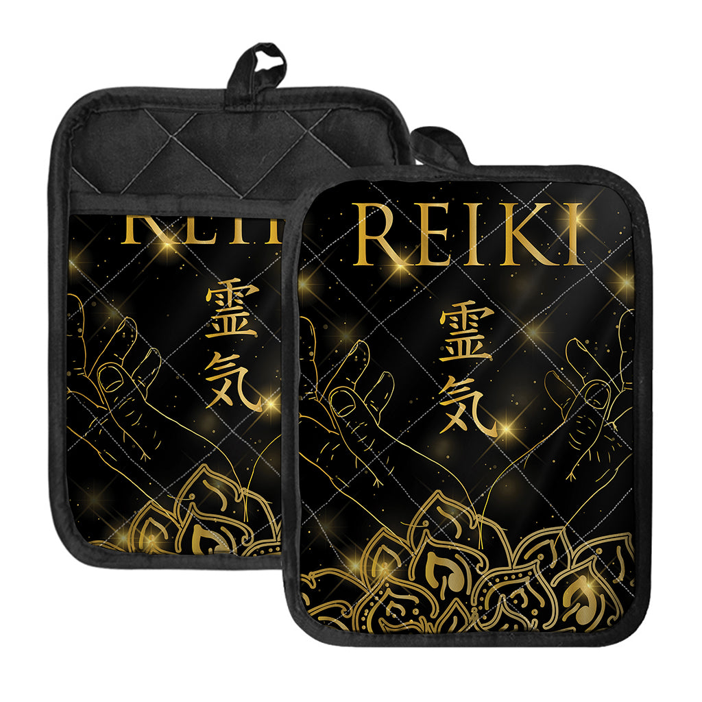 Golden Reiki Print Pot Holders With Pocket