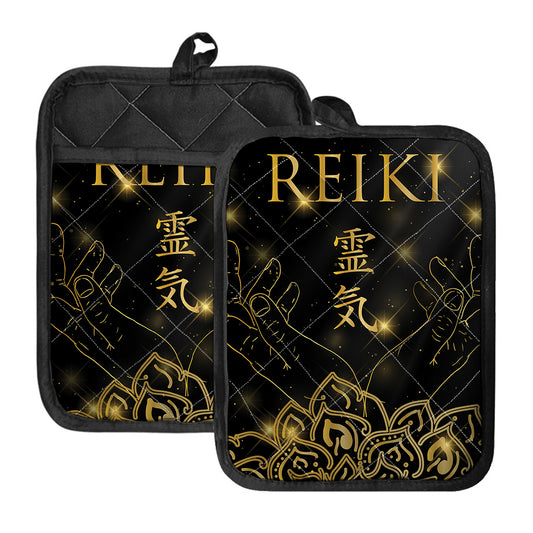 Golden Reiki Print Pot Holders With Pocket