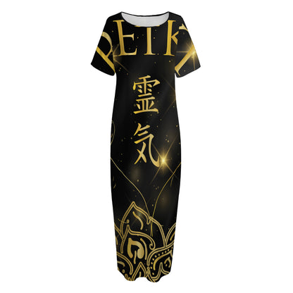 Golden Reiki Print Short Sleeve Long Nightdress