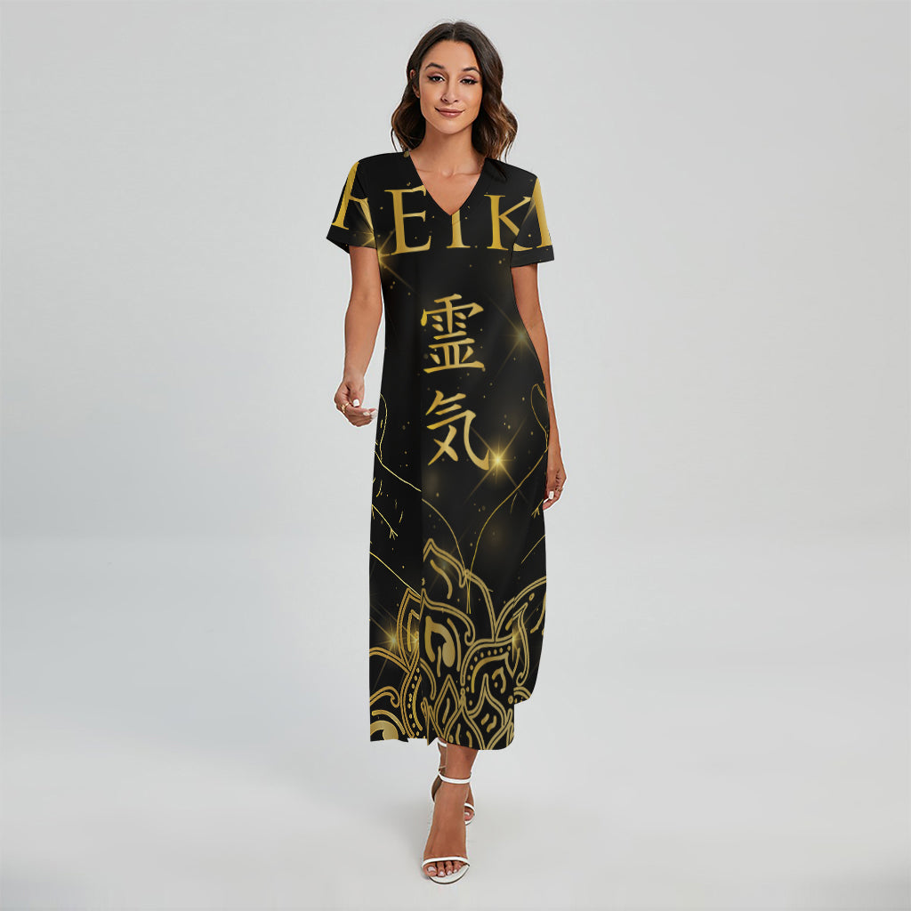 Golden Reiki Print Short Sleeve Maxi Dress