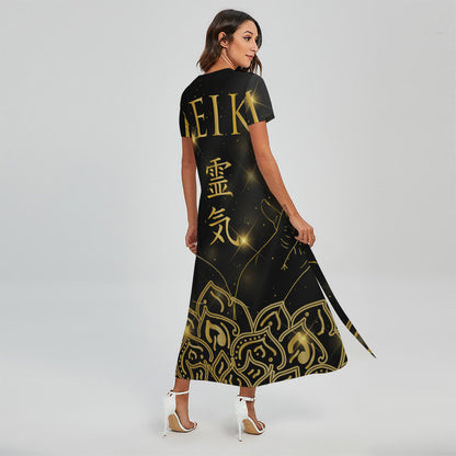 Golden Reiki Print Short Sleeve Maxi Dress