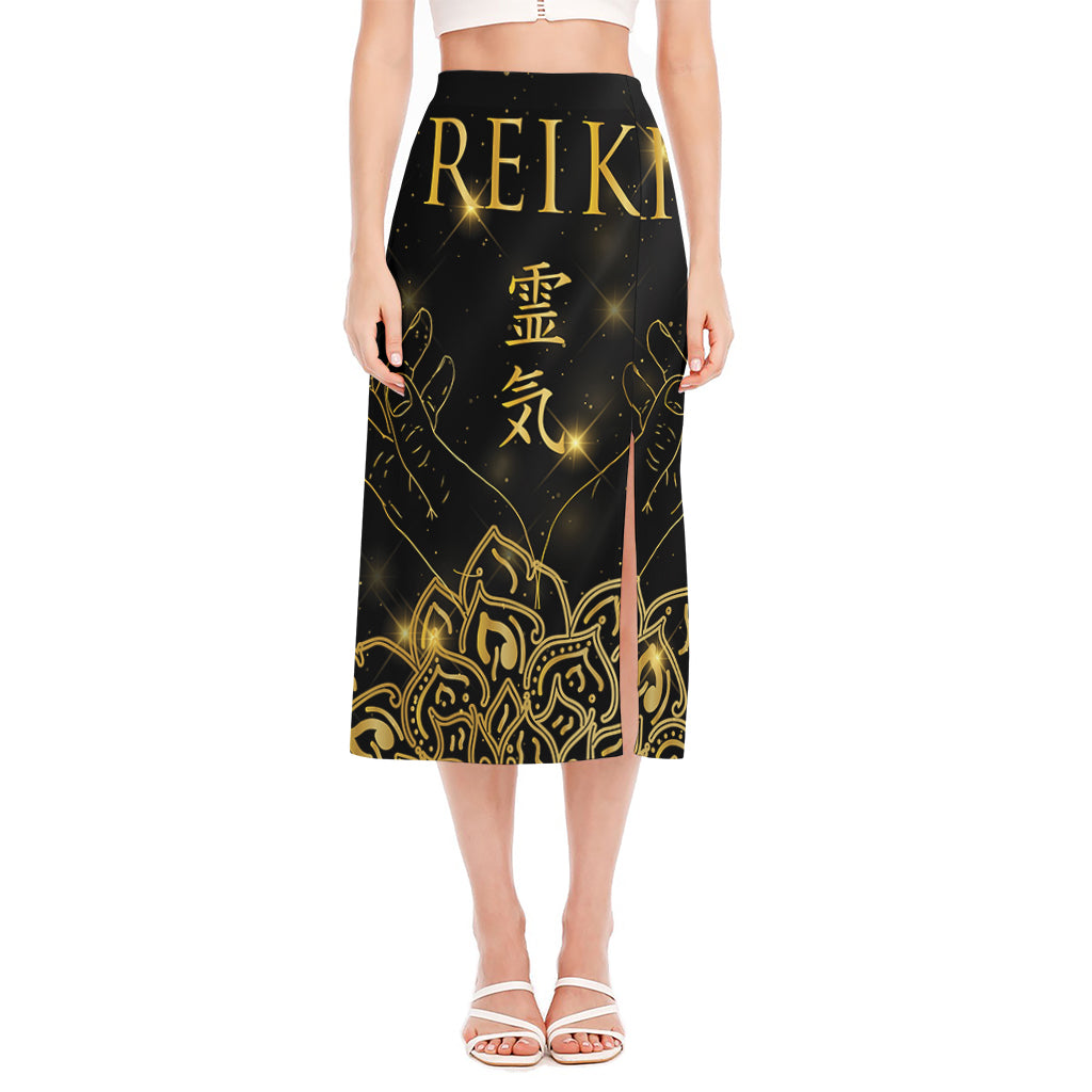 Golden Reiki Print Side Slit Midi Skirt