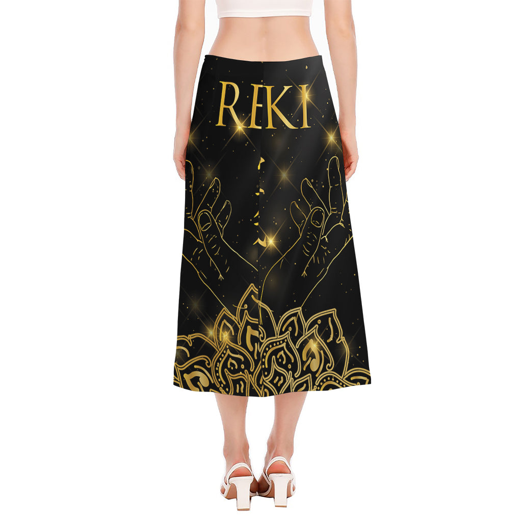 Golden Reiki Print Side Slit Midi Skirt