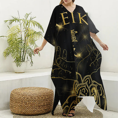 Golden Reiki Print Silk V-Neck Kaftan Dress