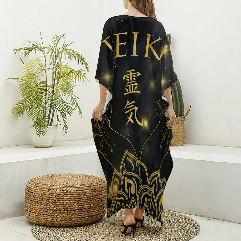 Golden Reiki Print Silk V-Neck Kaftan Dress