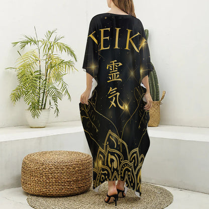 Golden Reiki Print Silk V-Neck Kaftan Dress