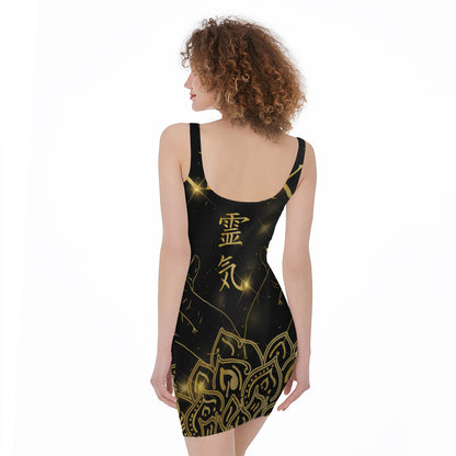 Golden Reiki Print Sleeveless Bodycon Dress