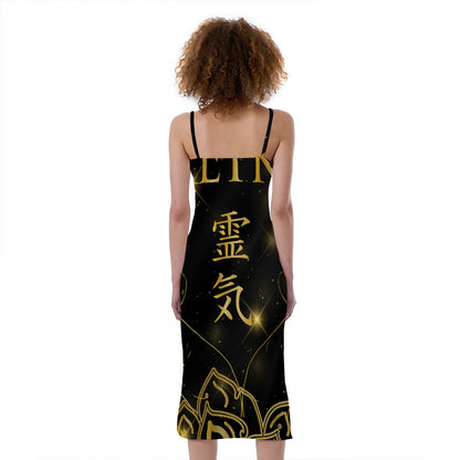 Golden Reiki Print Slim Fit Midi Cami Dress