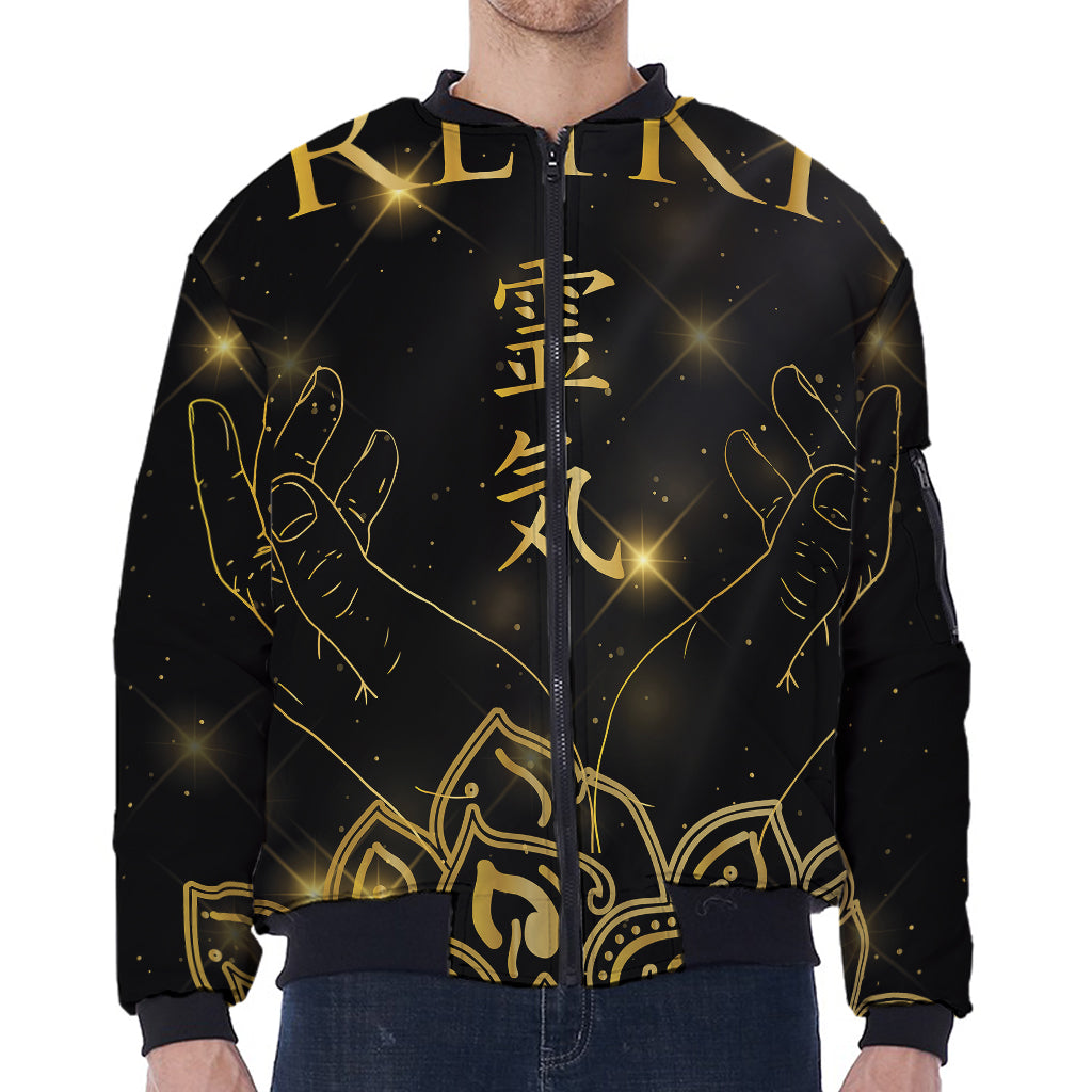 Golden Reiki Print Zip Sleeve Bomber Jacket