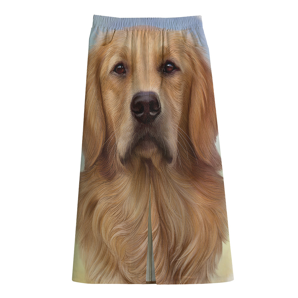 Golden Retriever Portrait Print Cotton Front Slit Maxi Skirt