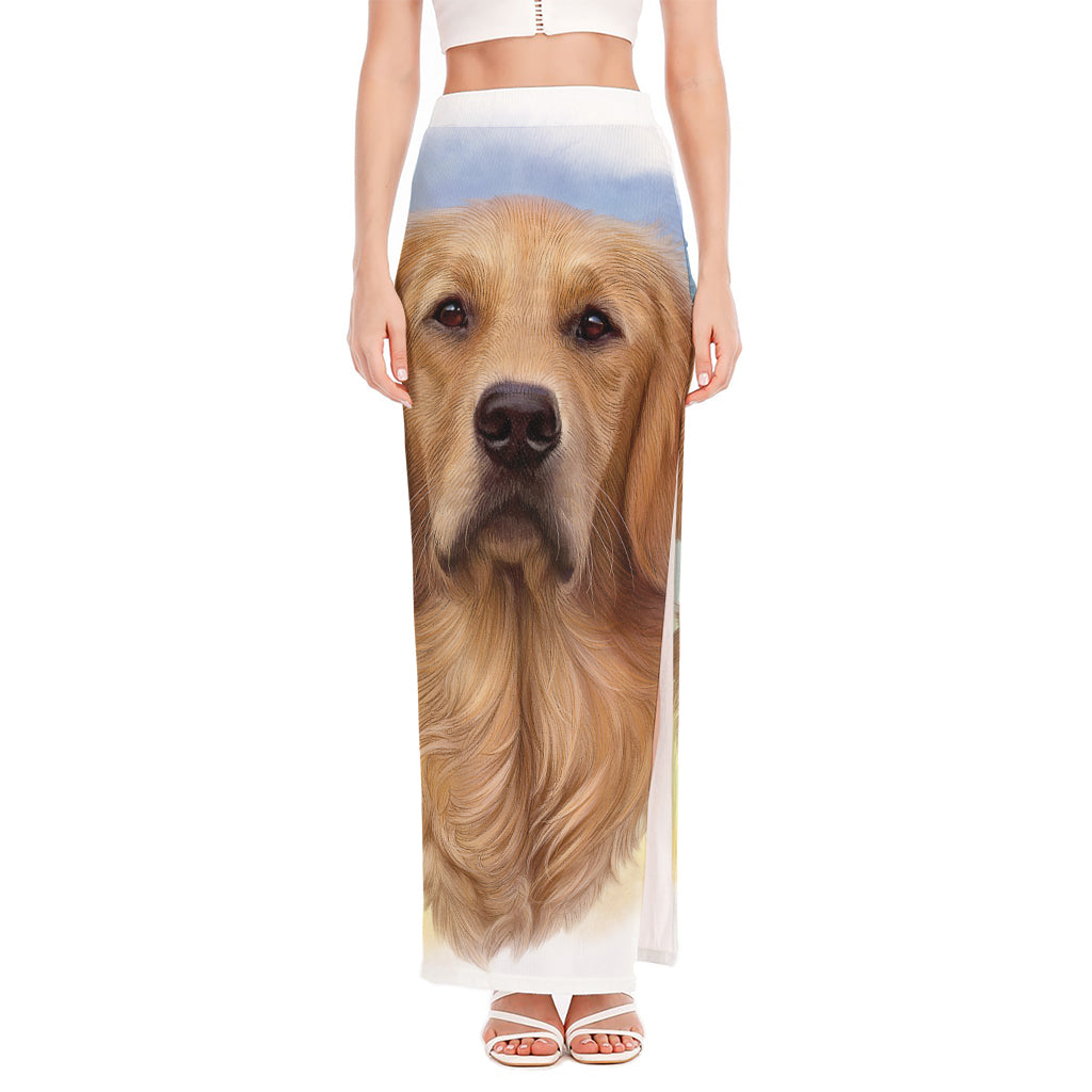 Golden Retriever Portrait Print High Slit Maxi Skirt