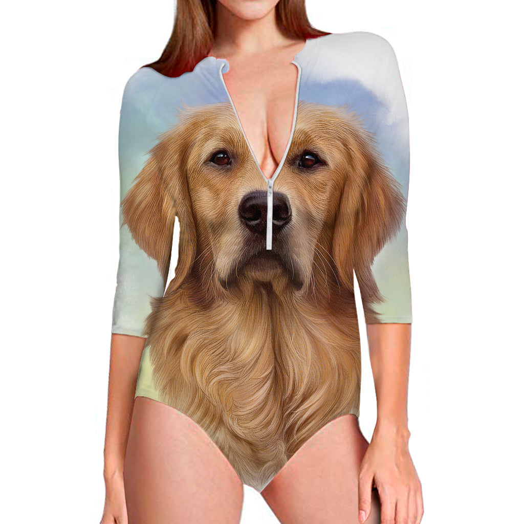 Golden Retriever Portrait Print Long Sleeve Swimsuit