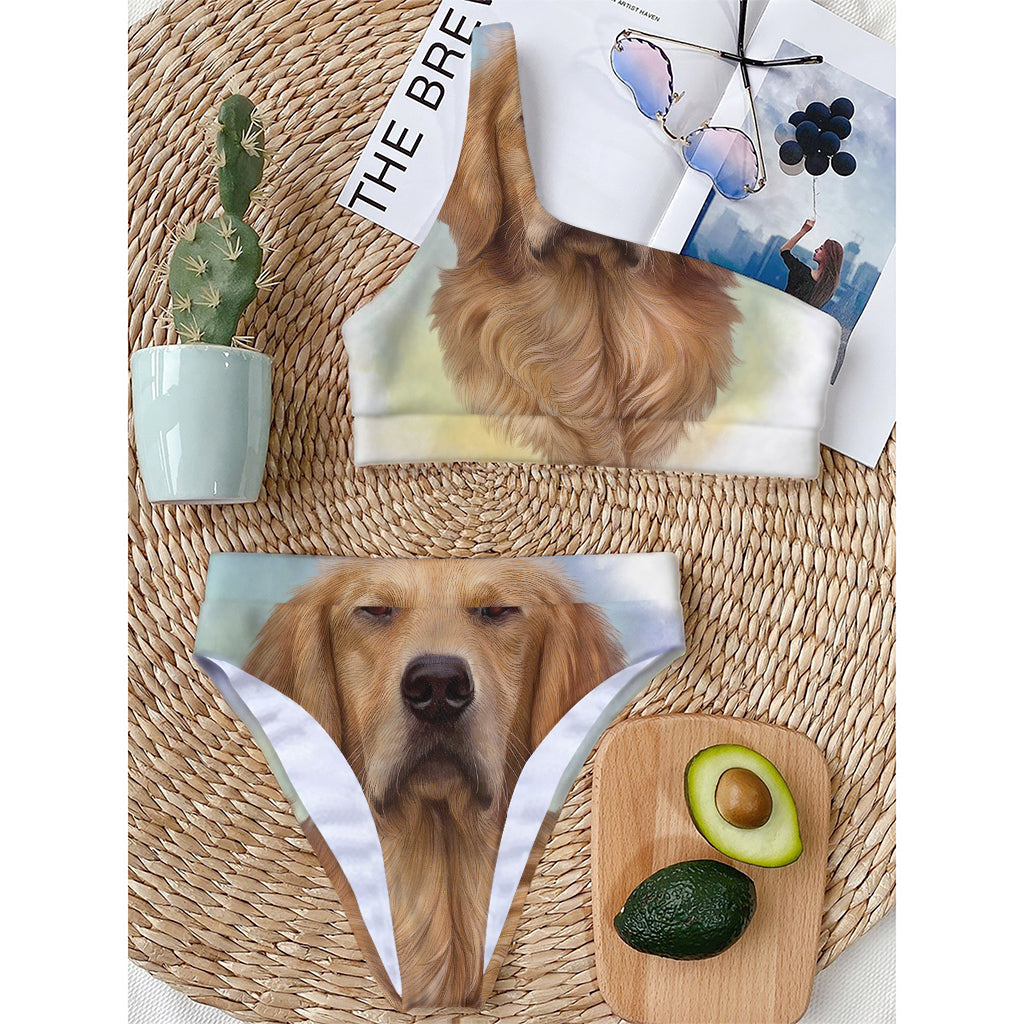 Golden Retriever Portrait Print One Shoulder Bikini Top