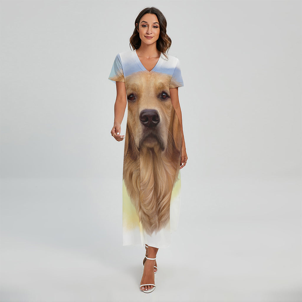 Golden Retriever Portrait Print Short Sleeve Maxi Dress