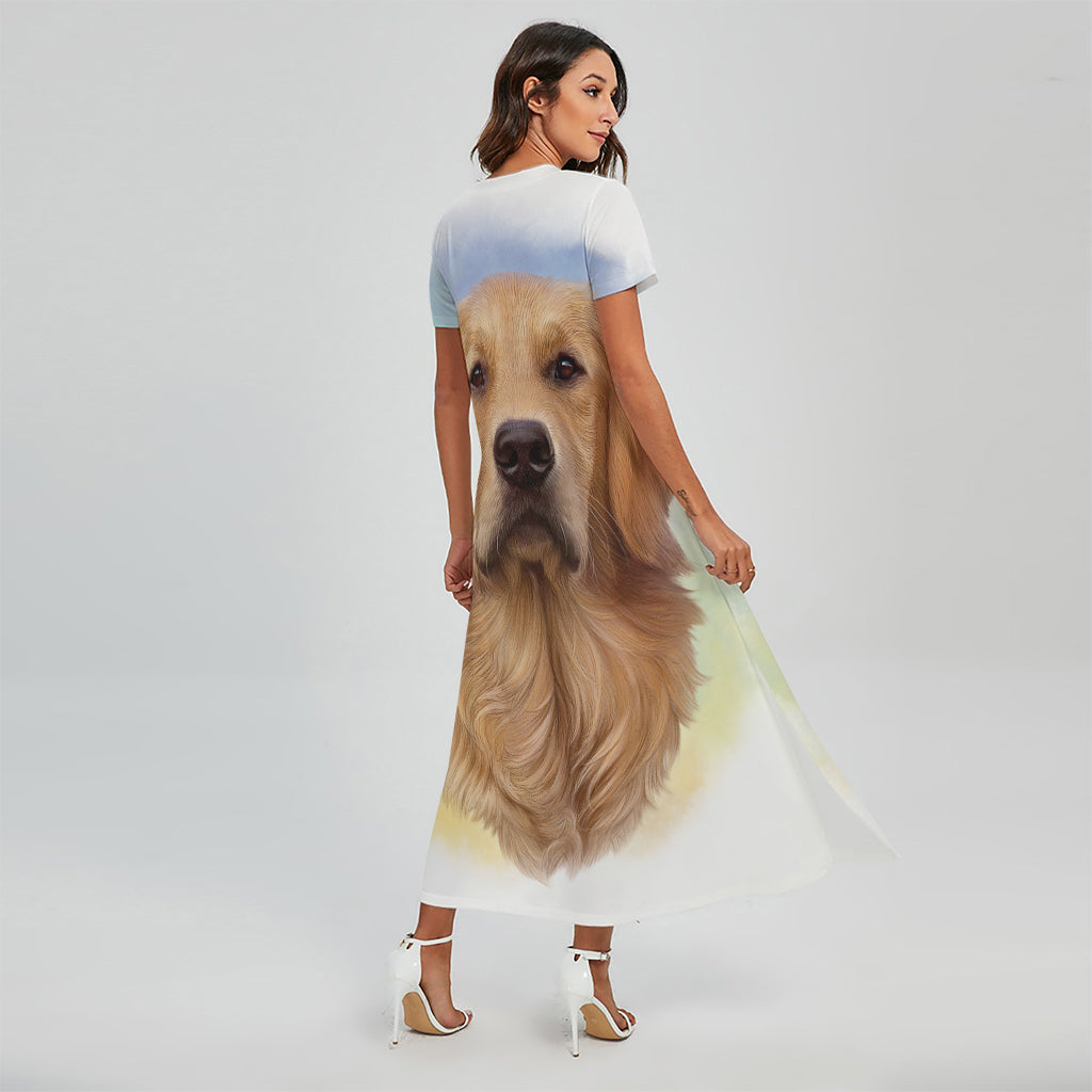 Golden Retriever Portrait Print Short Sleeve Maxi Dress