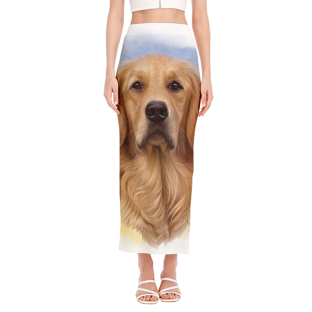 Golden Retriever Portrait Print Side Slit Maxi Skirt