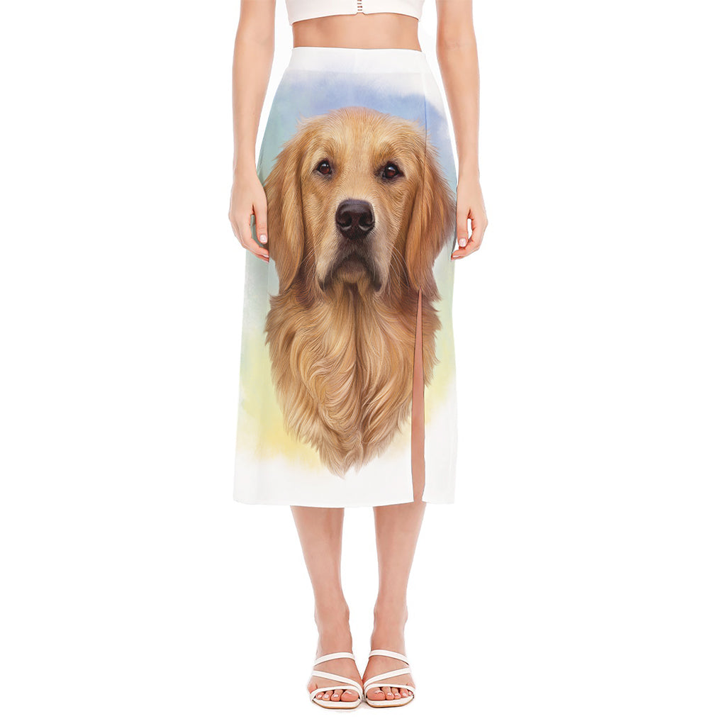 Golden Retriever Portrait Print Side Slit Midi Skirt