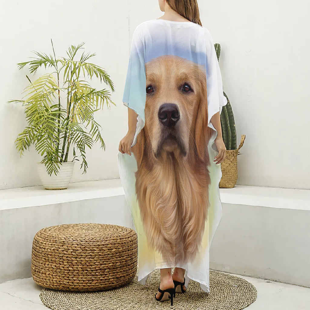 Golden Retriever Portrait Print Silk V-Neck Kaftan Dress