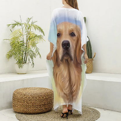 Golden Retriever Portrait Print Silk V-Neck Kaftan Dress