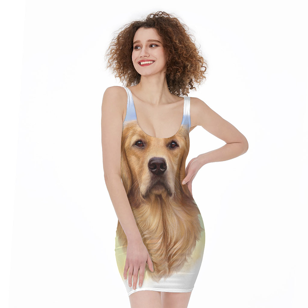 Golden Retriever Portrait Print Sleeveless Bodycon Dress