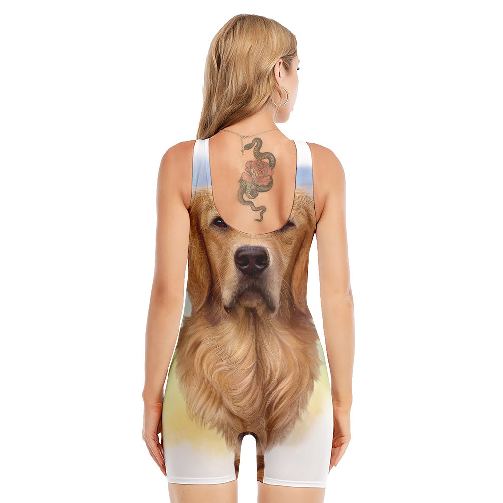 Golden Retriever Portrait Print Sleeveless One Piece Swimsuit