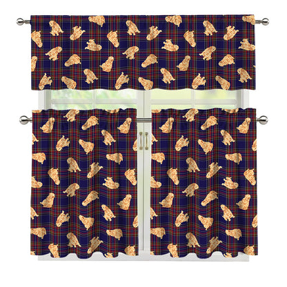 Golden Retriever Tartan Pattern Print 3 Piece Kitchen Curtains