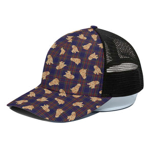 Golden Retriever Tartan Pattern Print Black Mesh Trucker Cap