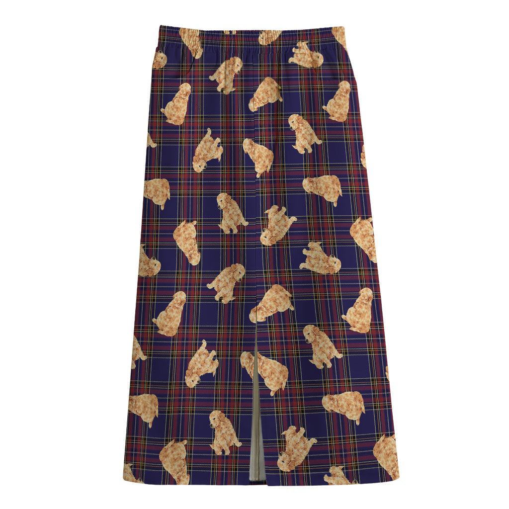 Golden Retriever Tartan Pattern Print Cotton Front Slit Maxi Skirt