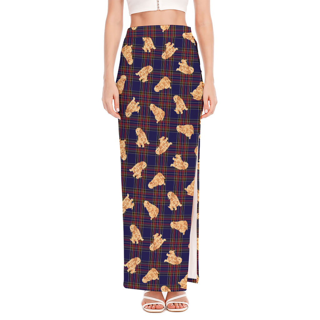 Golden Retriever Tartan Pattern Print High Slit Maxi Skirt