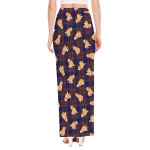 Golden Retriever Tartan Pattern Print High Slit Maxi Skirt