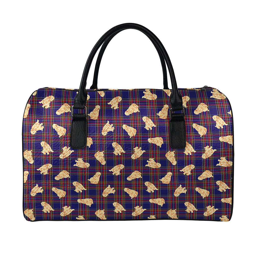 Golden Retriever Tartan Pattern Print Leather Duffle Bag