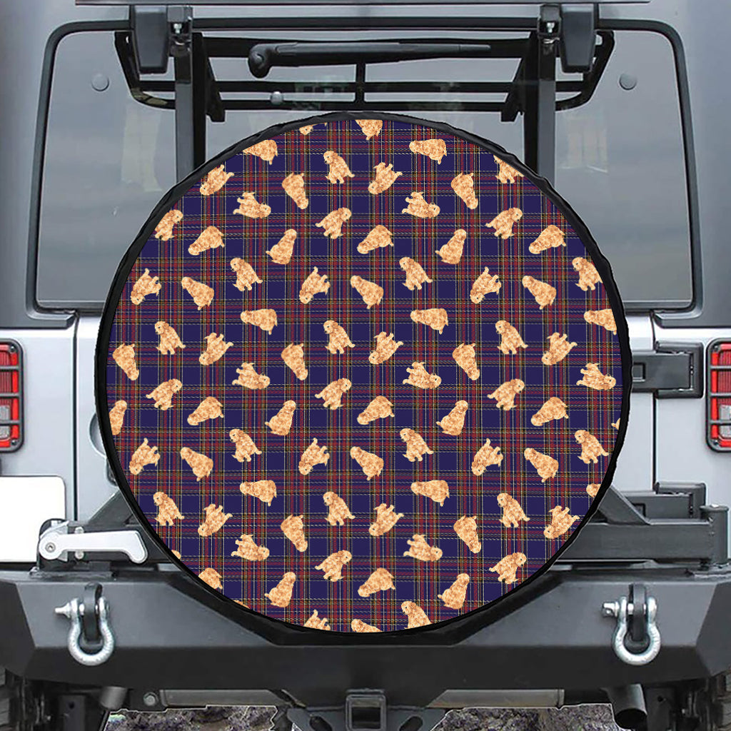 Golden Retriever Tartan Pattern Print Leather Spare Tire Cover