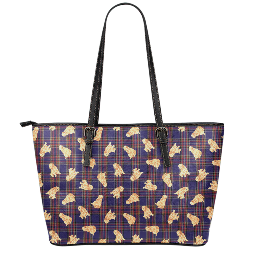 Golden Retriever Tartan Pattern Print Leather Tote Bag