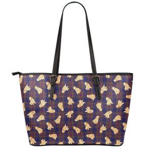 Golden Retriever Tartan Pattern Print Leather Tote Bag