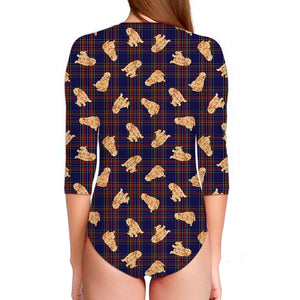 Golden Retriever Tartan Pattern Print Long Sleeve Swimsuit