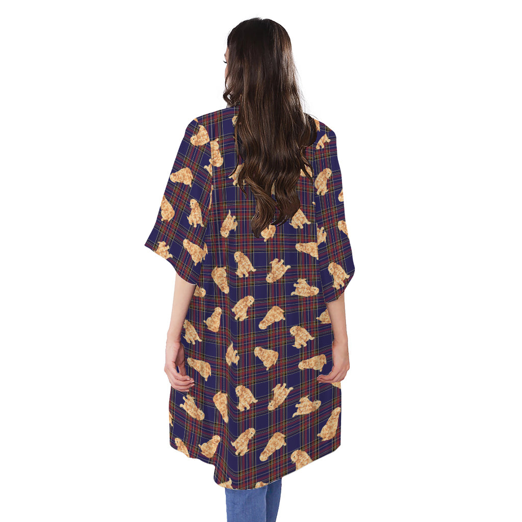 Golden Retriever Tartan Pattern Print Open Front Beach Cover Up