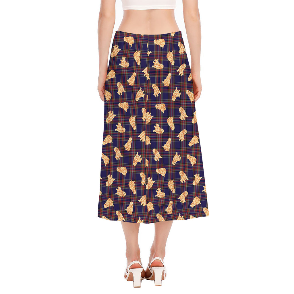 Golden Retriever Tartan Pattern Print Side Slit Midi Skirt